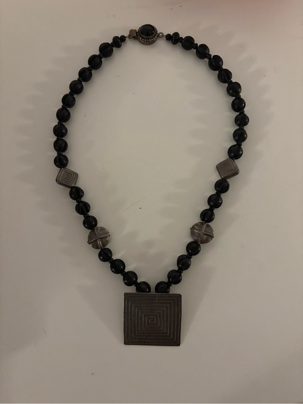 Carved Onyx Black Beaded Necklace with silver Square Pendant